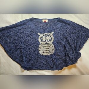 L E.I. Girls Blue Heathered Short Sleeve Batwing Owl Designed Top Size Large